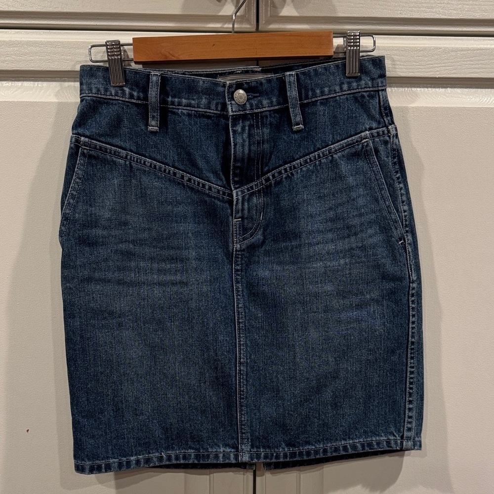 Darted navy blue denim mini skirt